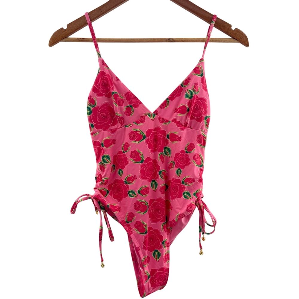 NWT Betsey Johnson V-Neck Rosebloom Floral Print Ruched Side One-Piece Swimsuit